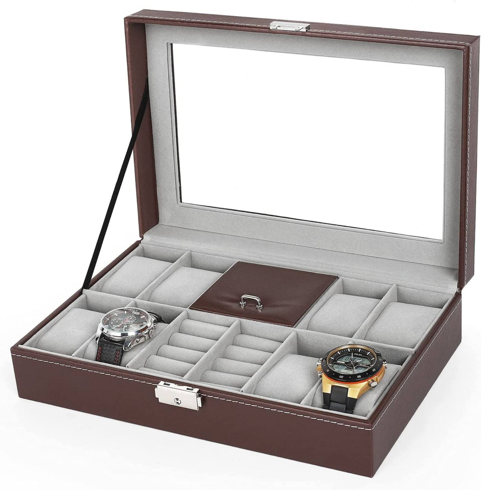 NEX™ 12" 8-Slot Brown Lockable Artificial Leather Watch Case Organizer